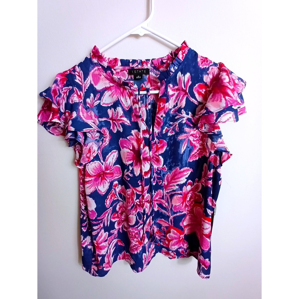 1.STATE Flutter Sleeve Blouse Women M Navy Pink NWT Floral Ruffle Tie Neck Top